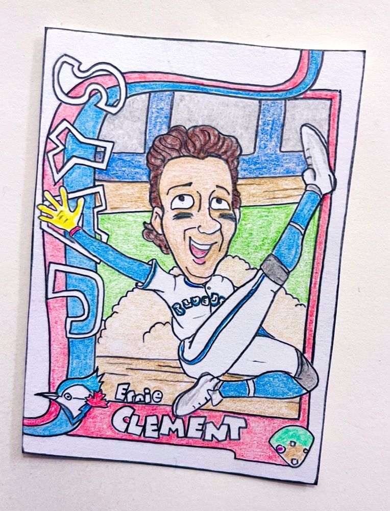 Colored-pencil card drawing of Ernie Clement sliding into home