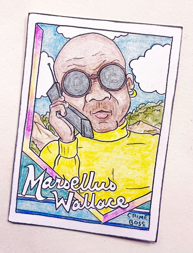 Colored-pencil card drawing of Marsellus Wallace