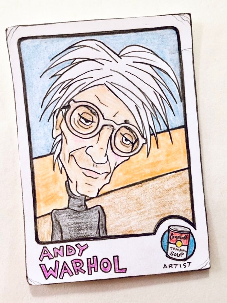 Colored-pencil card drawing of Andy Warhol