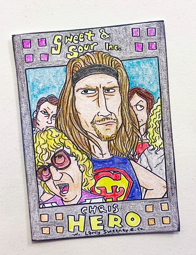 Colored-pencil card drawing of Chris Hero with “Sweet & Sour” Larry Sweeney 