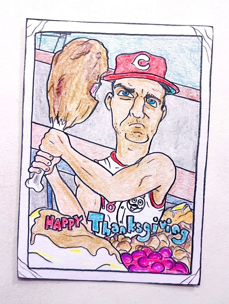 Colored-pencil card drawing of Ted Kluszewski emerging from pile of stuffing and potatoes and swinging turkey leg 