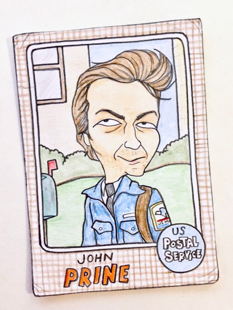 Colored-pencil card drawing of John Prine, from his days as a mailman 