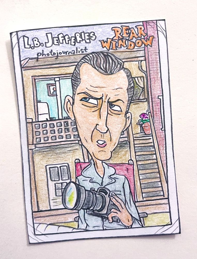 Colored-pencil card drawing of James Stewart in “Rear Window”