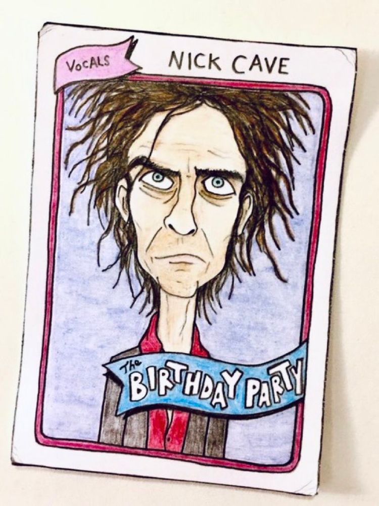 Colored-pencil card drawing of Nick Cave circa 1980