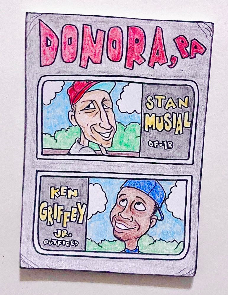Colored-pencil card drawing of Stan Musial and Ken Griffey Jr. 