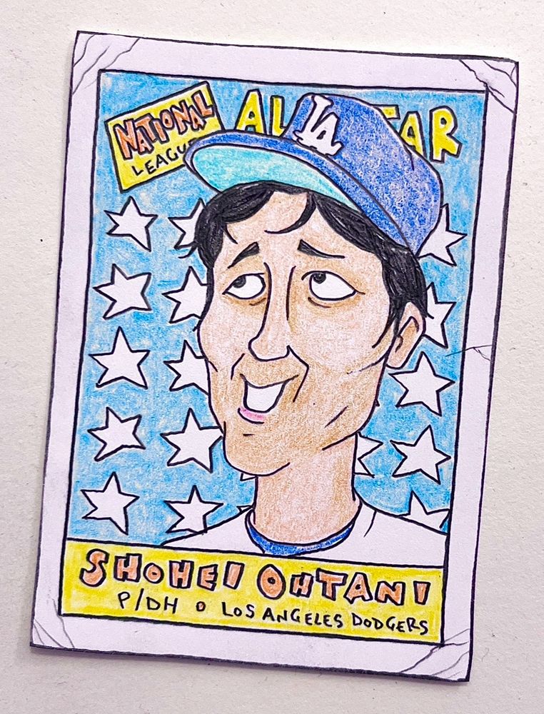 Colored-pencil card drawing of Shohei Ohtani 
