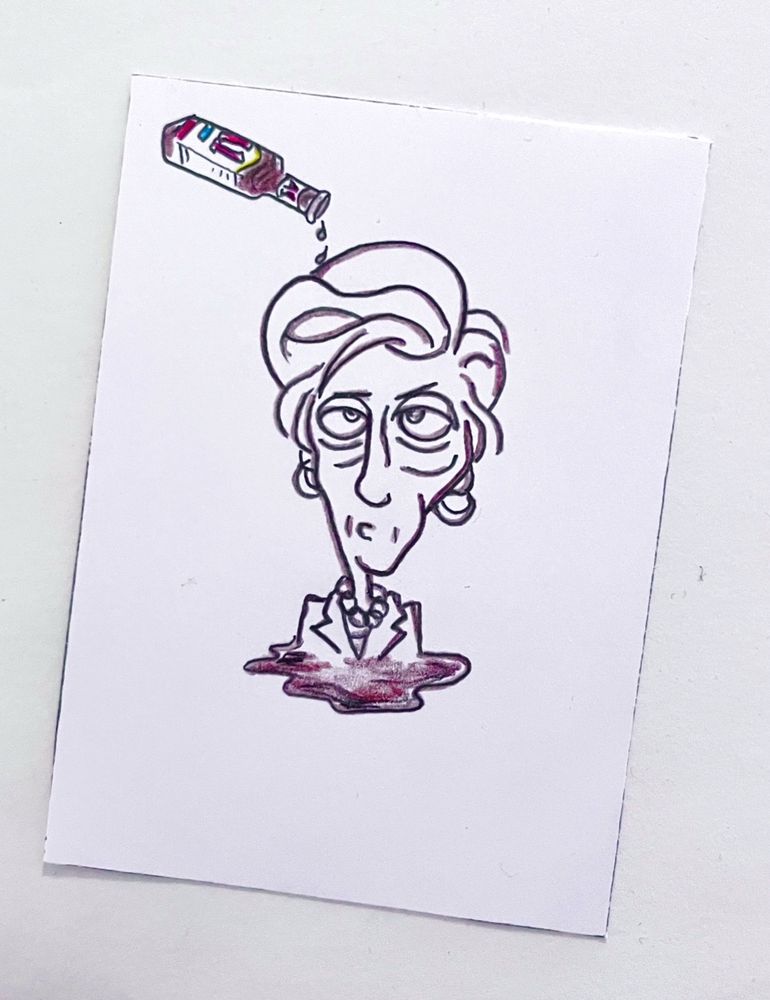 Colored-pencil card drawing of A1 steak sauce in the shape of Linda McMahon 