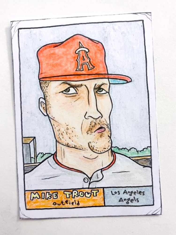 Colored-pencil card drawings of Mike Trout 