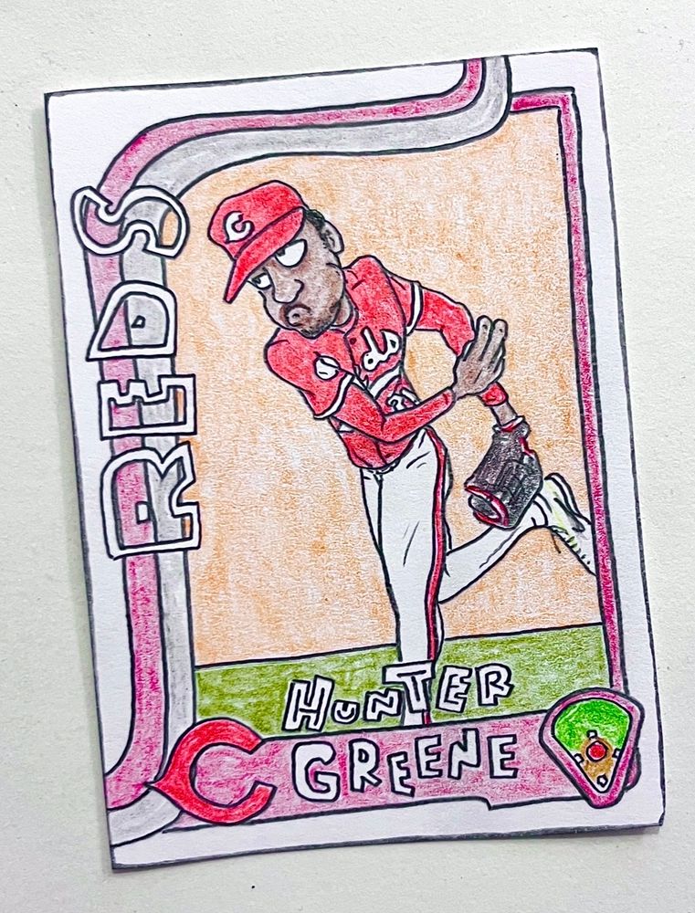Colored-pencil card drawing of Hunter Greene