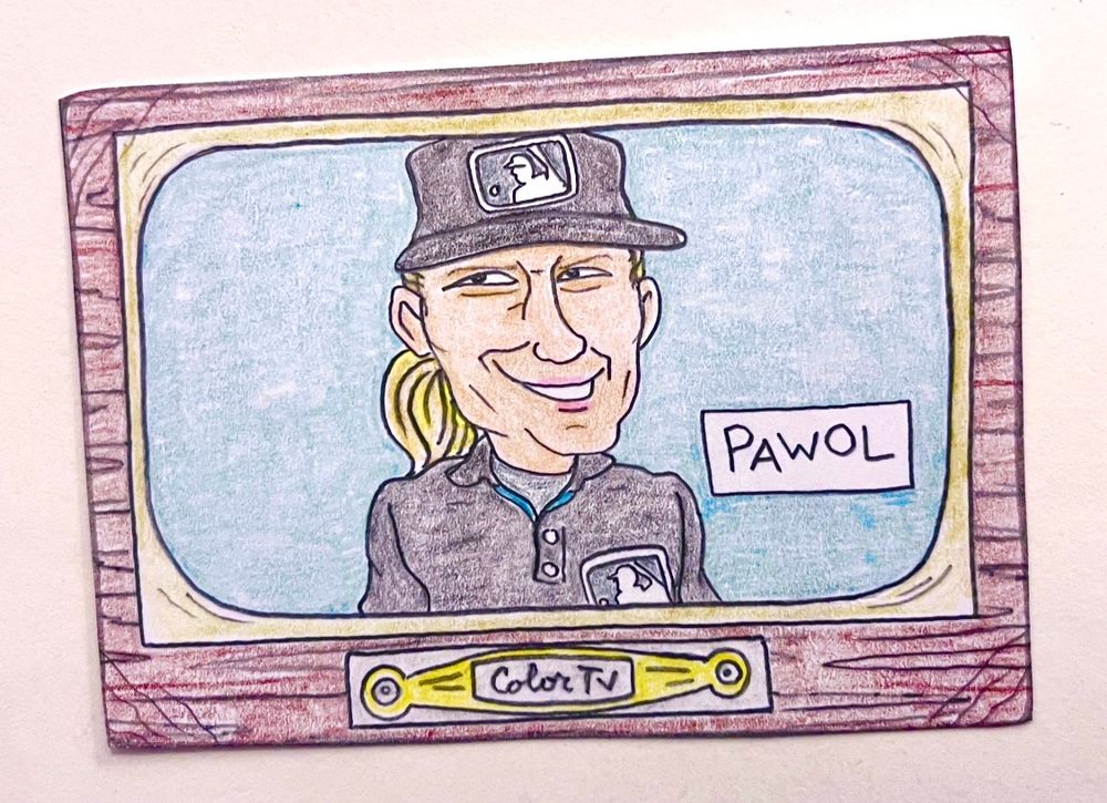 Colored-pencil card drawing of Jen Pawol