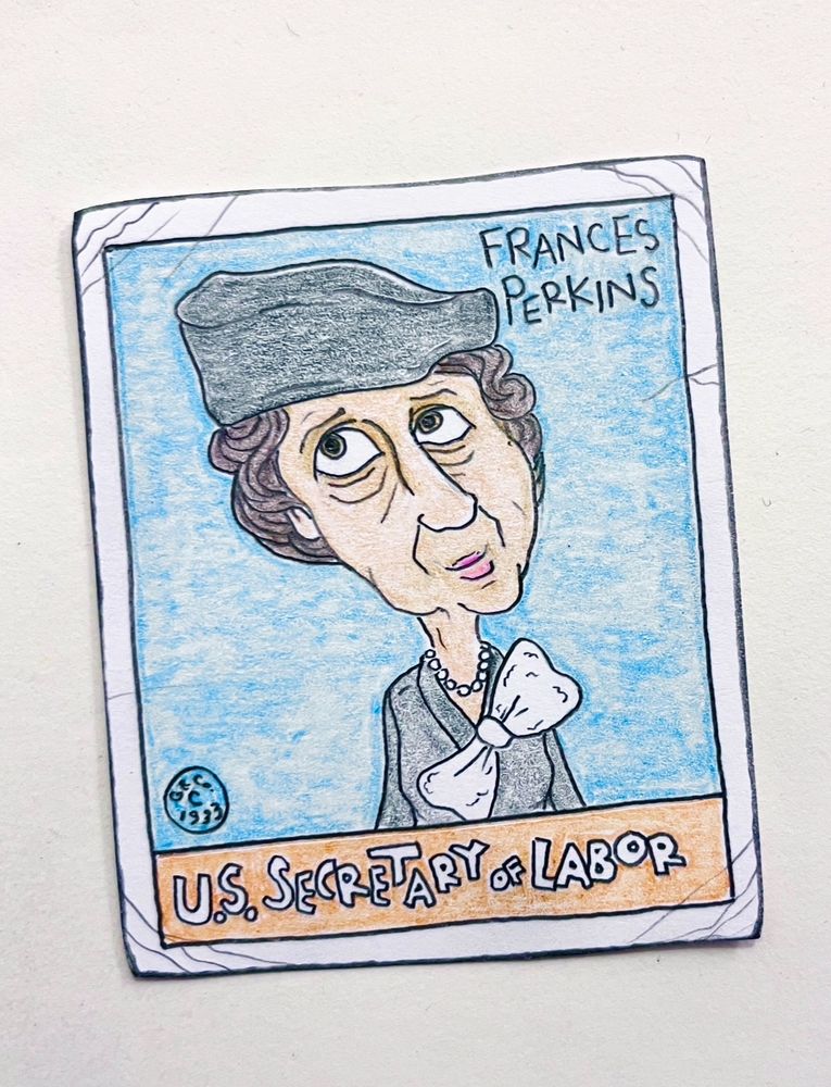 Colored-pencil card drawing of Frances Perkins