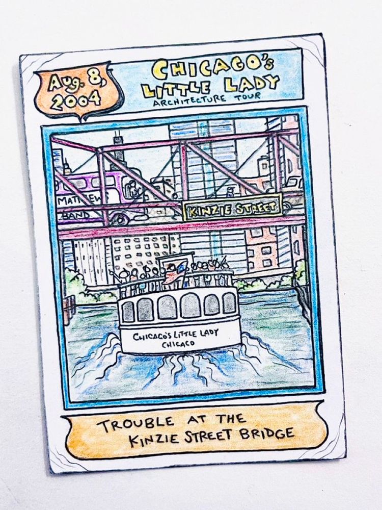 Colored-pencil card drawing of the Dave Matthews Band tour bus crossing the Chicago River 