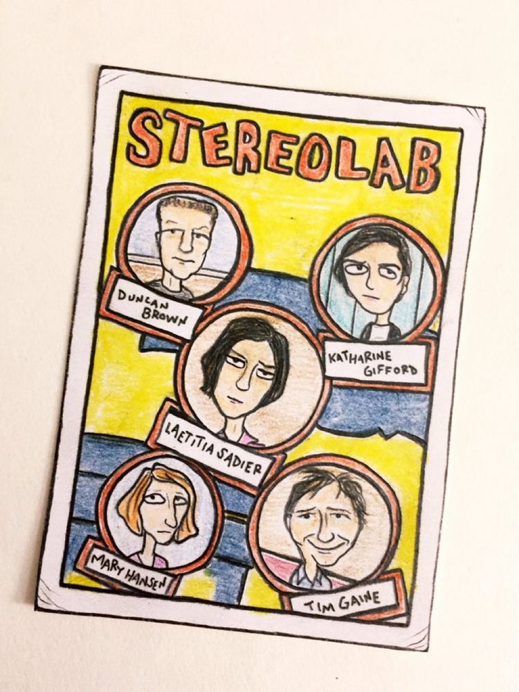 Colored-pencil card drawing of Stereolab (‘90s line-up) 
