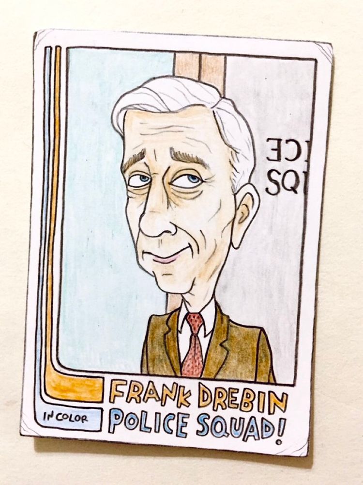 Colored-pencil card drawing of Leslie Nielsen as Frank Drebin