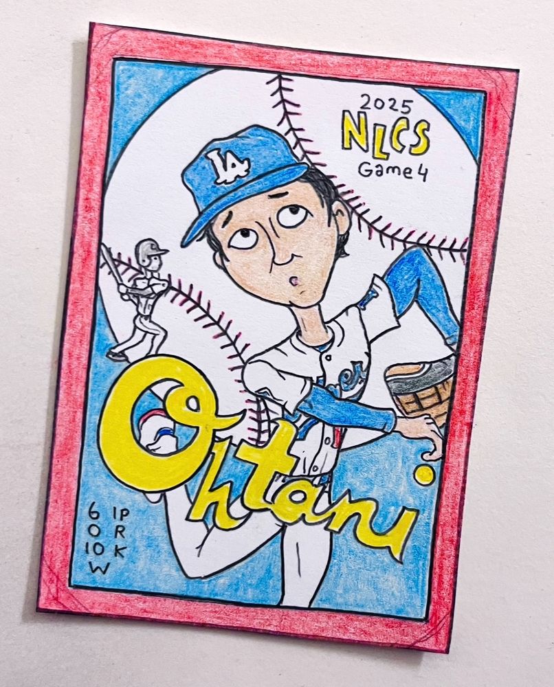 Colored-pencil card drawing of Shohei Ohtani pitching