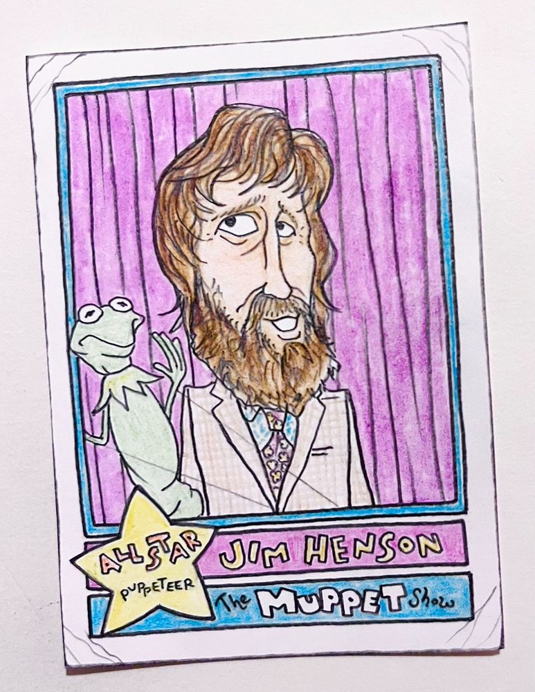 Colored-pencil card drawing of Jim Henson with Kermit