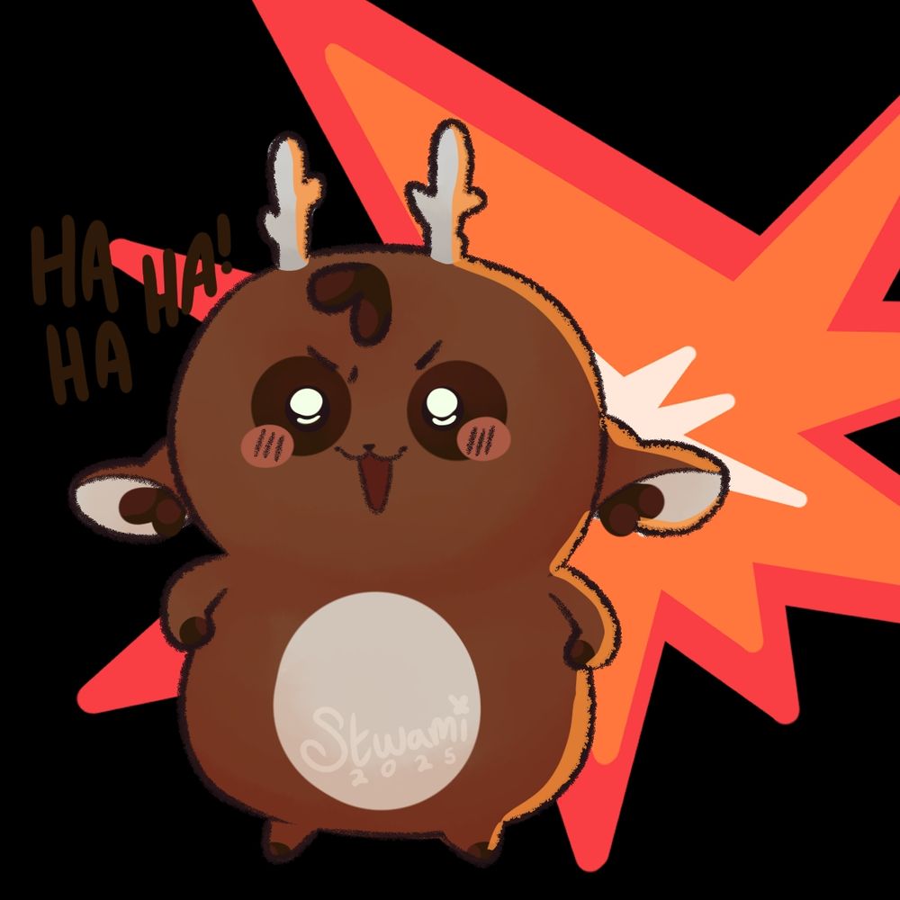 A commission from @mosquitodeleto.bsky.social for their partner. This character is named Lance, but also called Aka. This is a Chiikawa style resembling a deer. A carmel brown body with darker accents of tufts of hair in the ears and on the forehead. Two round circles cover the eyes in the same dark shade. The hoofs are also dark brown. The stomach and inner ears are a cream color, while the two small antlers are a more grey color. The background has a cartoon explosion of red, orange, and cream. The explosion lights up him from behind as text beside him says, "HA HA HA!".