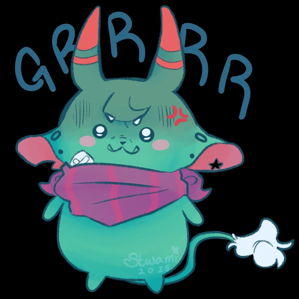 A Chiikawa version of my oc Aiden (he/they). He has a greenish blue body with two pointed horns that curl up, oni like. At the tips, there are two sectioned areas, one is larger and spans from the tips of the horns to 2/5ths of the way down the horn. There's a strip of their normal skin tone between that spot and the next small red stripe. The next red stripe is small and towards the middle of the horns. He has two horizontal floppy like ears. The inside of the ears are a soft pink with the left side having a star shaped hole through it. Both ears have a regular black stud piercing and a circular guage like piercing. A small hook like curl is on his forehead. His white eyebrows are furrowed while he has distress lines on his face. Two upward teeth protrude from the edges of his lips. On the right side of the chin, they have a small squared bandage. A scarf like fabric is around his neck and covers his chin to their mid chest. The scarf is a toned down purple and magenta. Their body is bulbous with no extra design on the stomach or hands. A thin tail curls behind them with a greenish blue base and a fluffed tip of white (same shade as eyebrows).