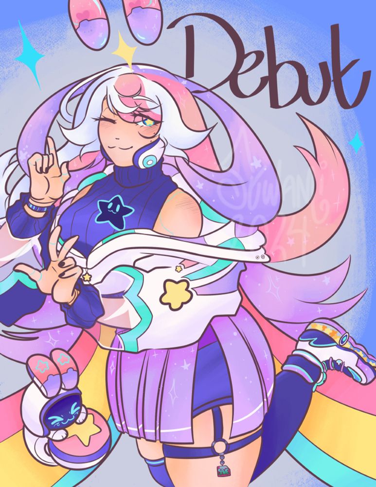 a digital piece of fanart for oyasumiyuni and her new model. colors used are mostly blues, yellows, pinks, and purples! (without her tablet)