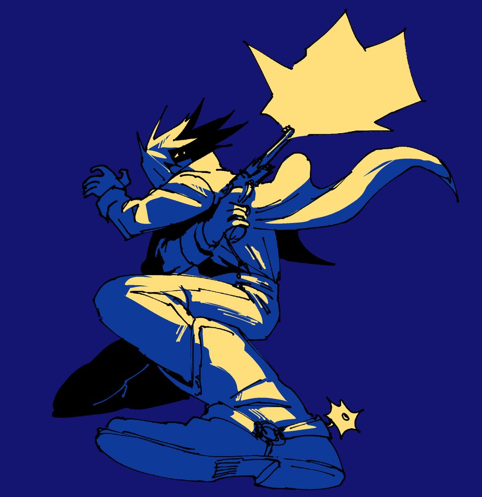 blue and yellow drawing of a cowboy in perspective shooting their gun