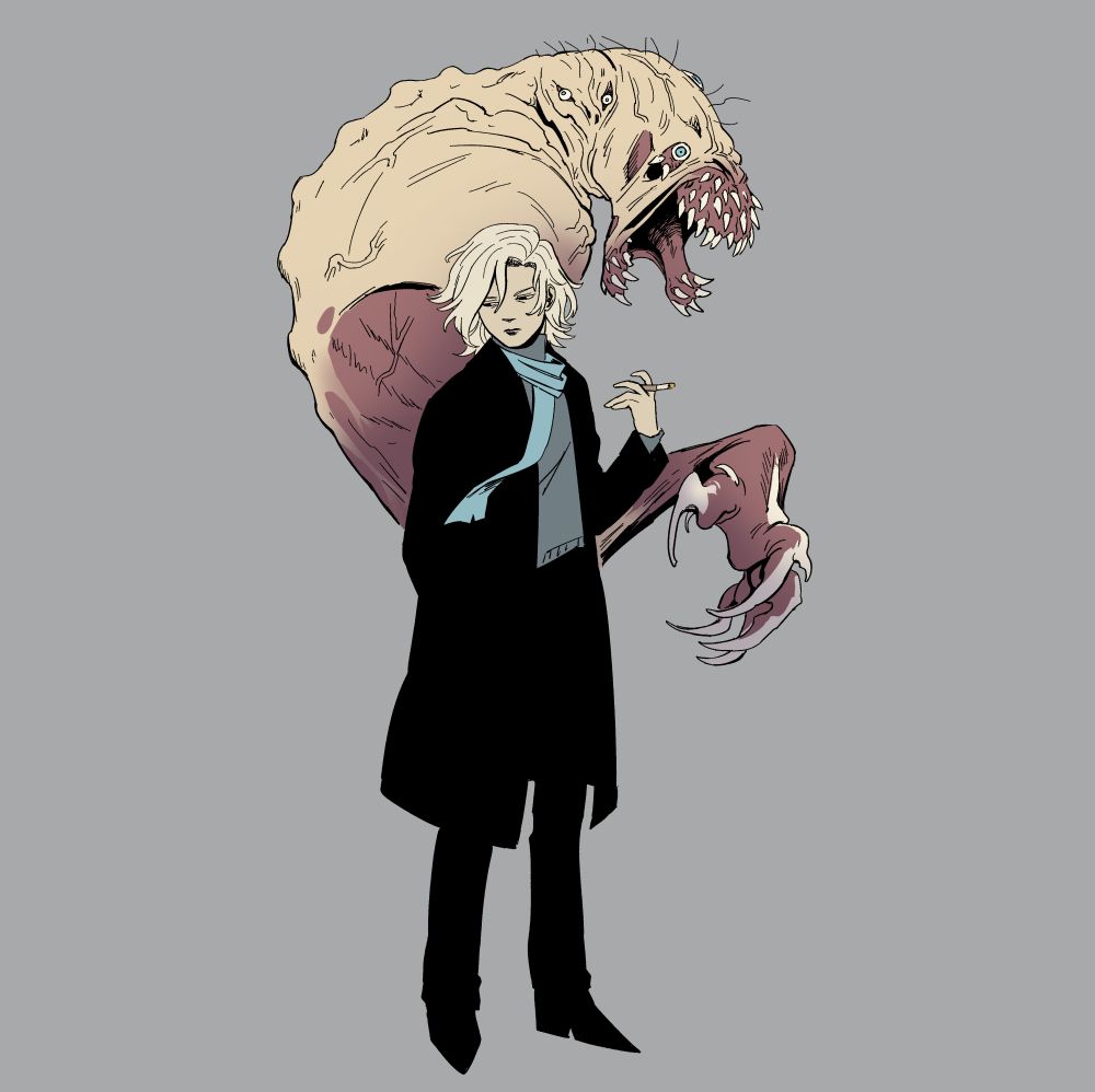 Drawing of a white woman with a white woman monster form behind her
