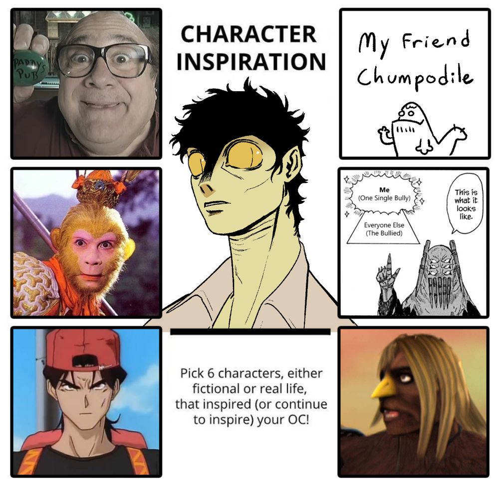 Character inspiration for Jo from my webcomic Dust n' Dread. Characters left right by row are Frank Reynolds from Always Sunny in Philadelphia, My friend chumpodile.bsky.social, Sun Wukong from Journey to the West, Shimada Death from Dai Dark, Kintaro Oe from Golden Boy, and Xavier Renegade Angel from Xavier Renegade Angel