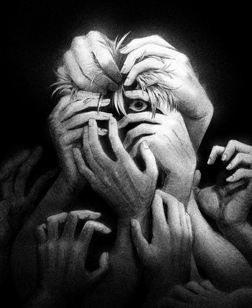 drawing of a person covered in too many hands.