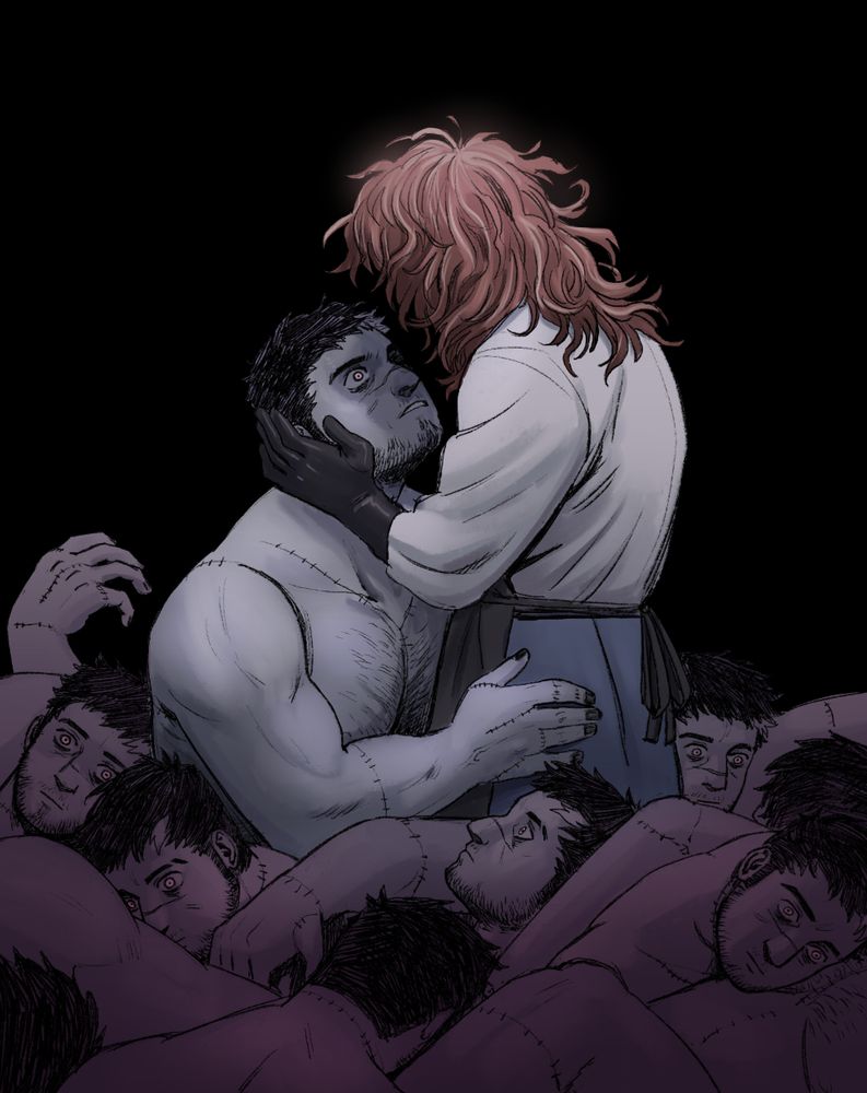 Drawing of my characters Clayton and Marcy. She is caressing his face while they are in a pile of lifeless versions of Clayton.