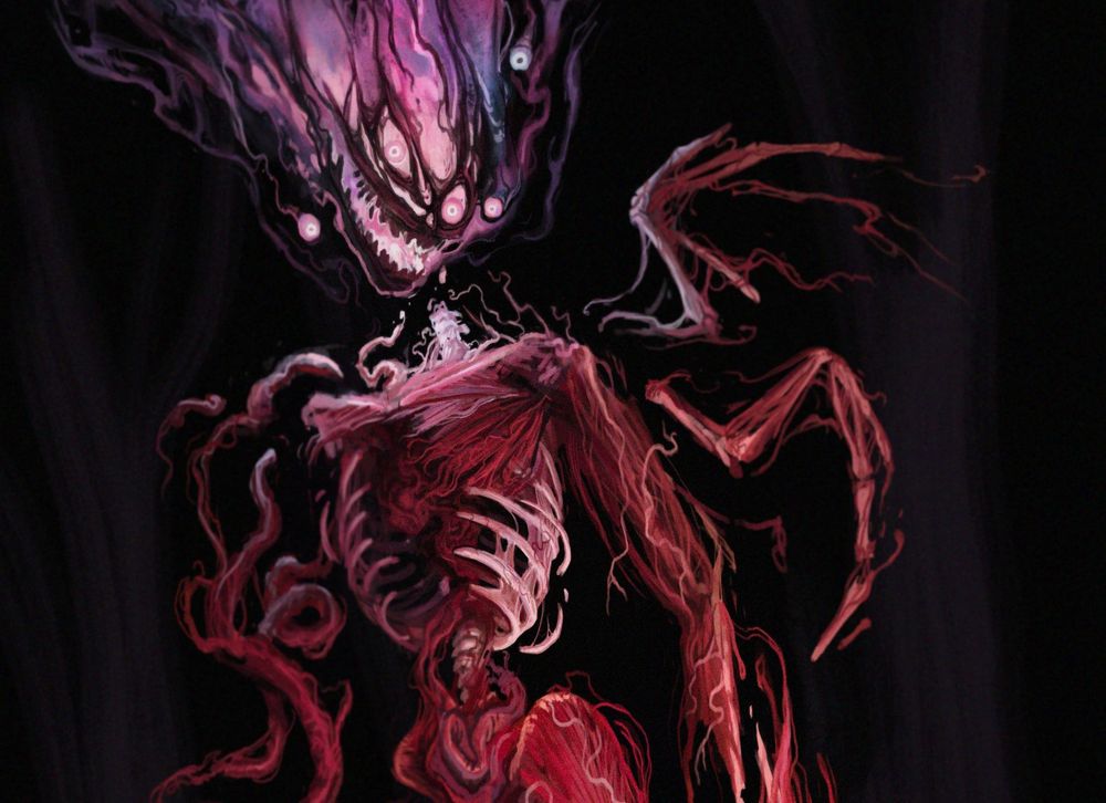 drawing of a flesh monster that is not entirely connected and floating. It's head is glowing.