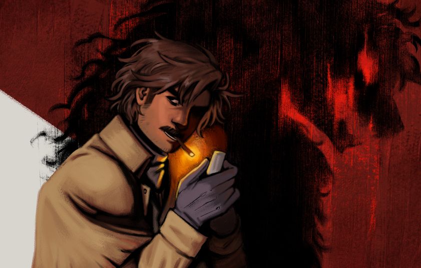 illustration of my werewolf character Holt with a werewolf like shadow behind him