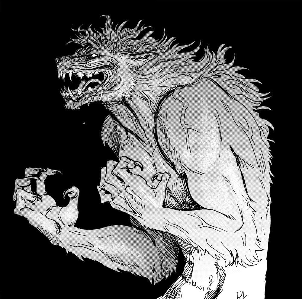 Black and White drawing of my character Holt's werewolf form