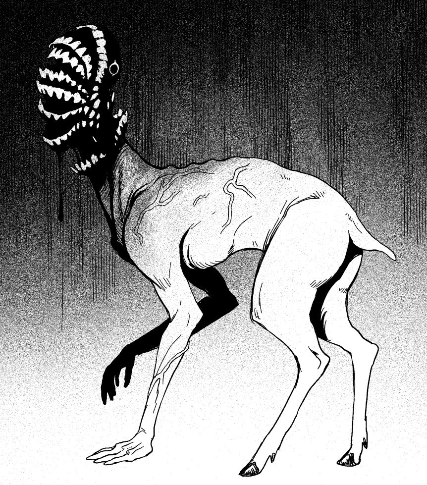 Deer shaped creature with human arms for the front legs and a tower of teeth and jaws for the head