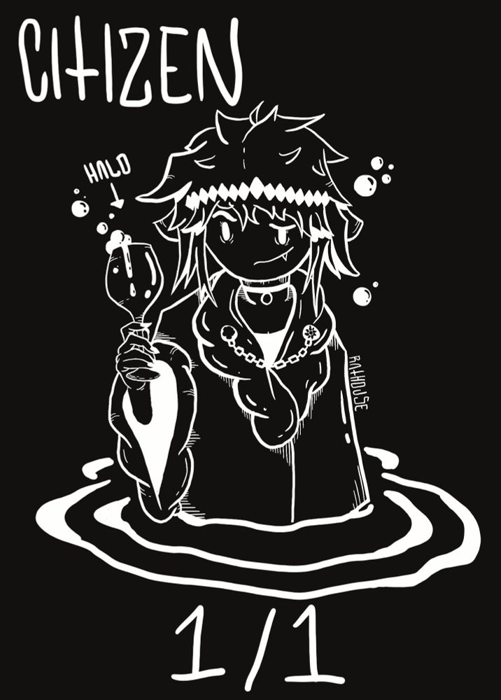 White Green citizen 1/1 token. A figure is inside the liquid of the fountain. She’s holding a goblet full of Halo. She might have peed in the fountain