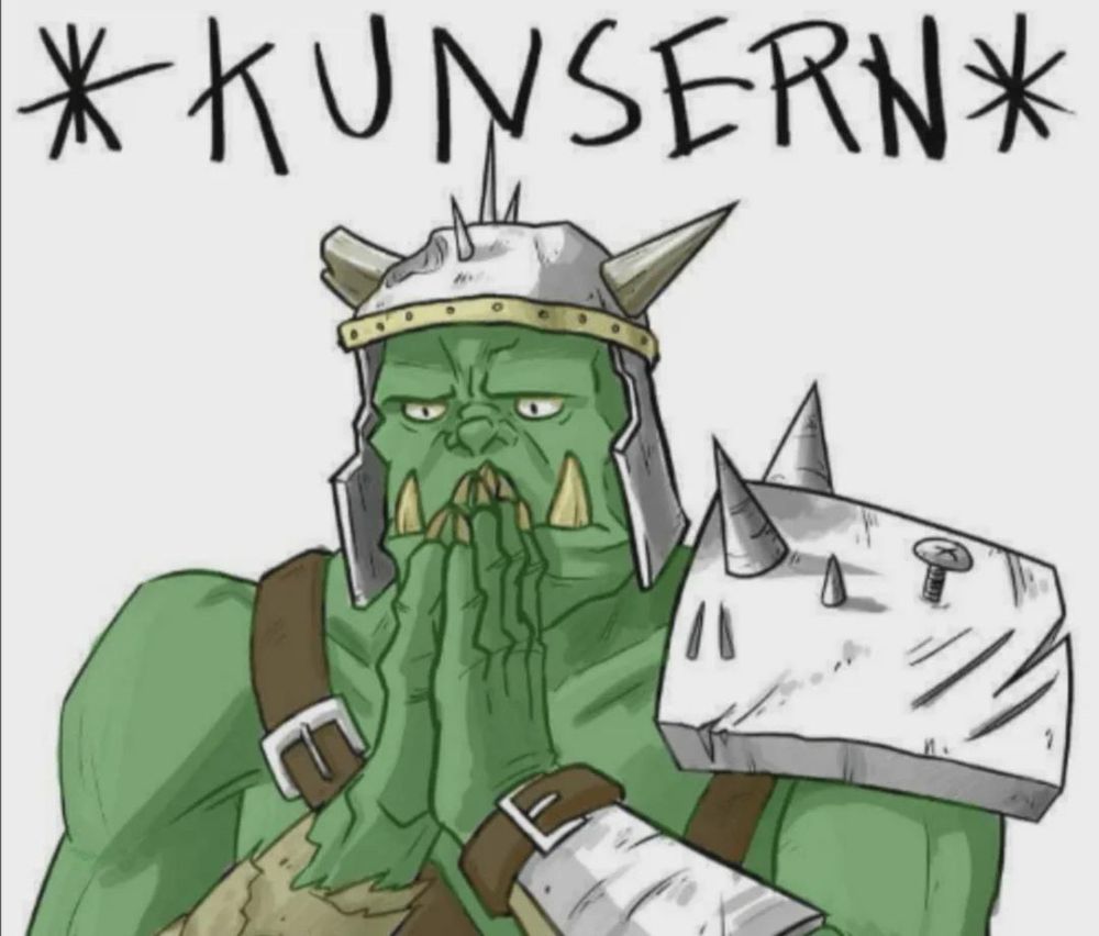 An ork with its hands in front of the face thinking. The word “concern” (misspelled as kunsern) is above their head