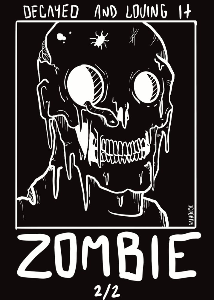 A 2/2 zombie token. A play on the classic Zombie cover art. A zombie smiles for a picture. A lil work pops out of his eye socket