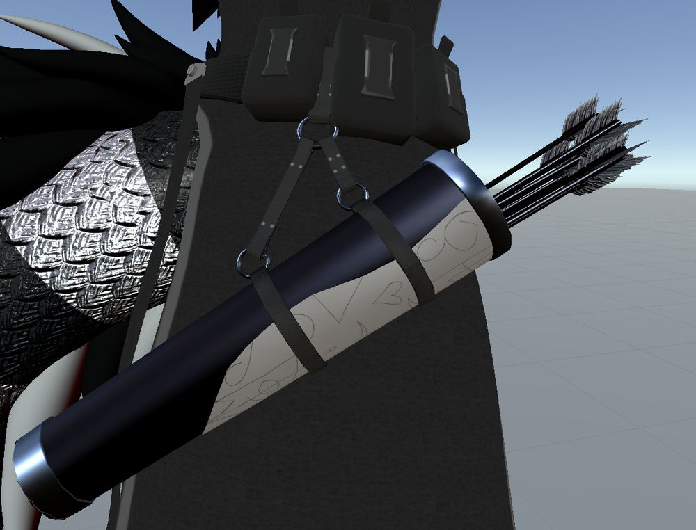 The finished quiver hanging from the belt of the armor

A black outer casing with a white piece with black designs drawn across it. Silver edges and full of arrows.