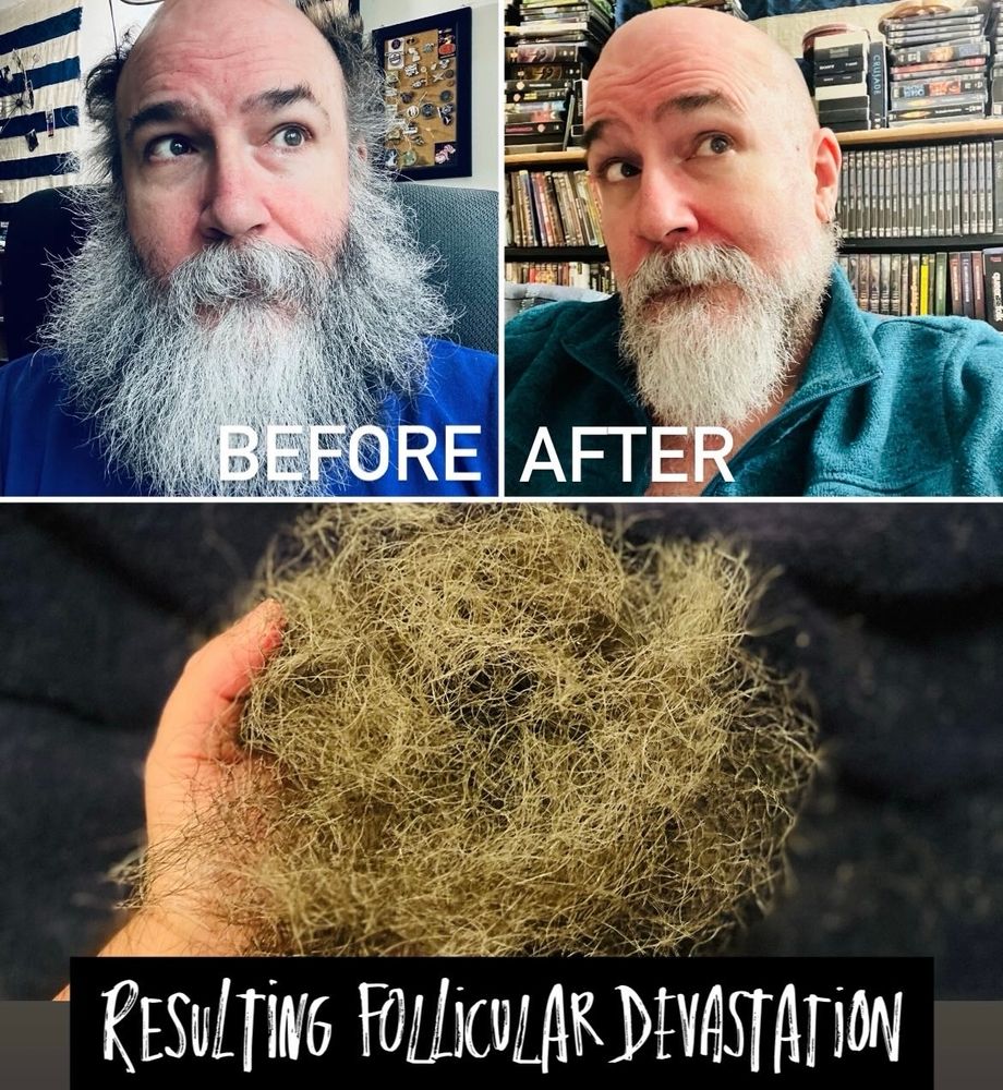 Bearded man going from mountain-man, mad scientist to neatly trimmed and showing the amount of whiskers and hair removed using clippers.