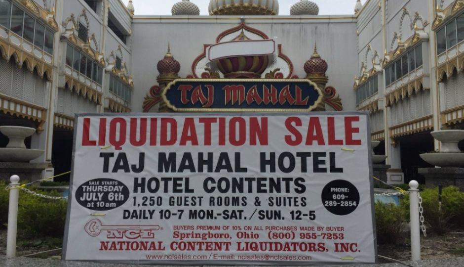 Liquidation sale sign outside the Trump Taj Mahal casino in Atlantic City.