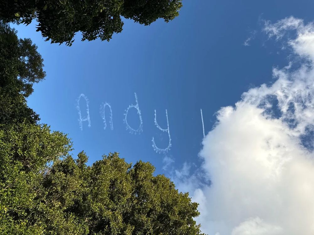 Skywriting of the name Andy, taken in Sydney NSW on 20th July 2025.