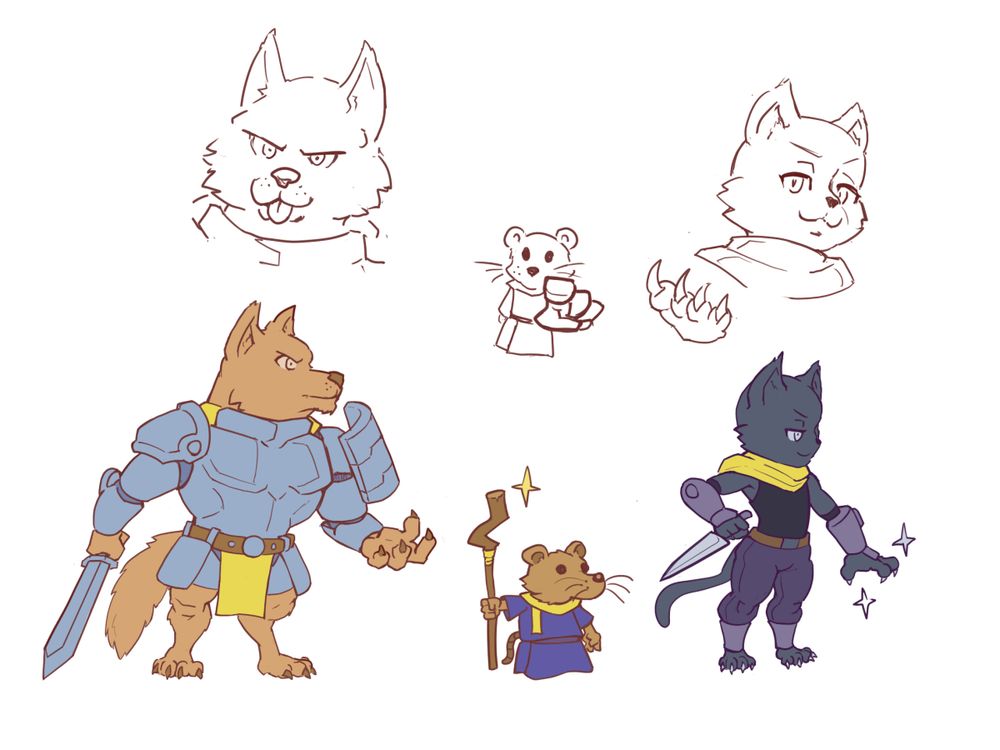 Dog warrior, rat wizard and cat rogue. They have matching yellow scarfs.