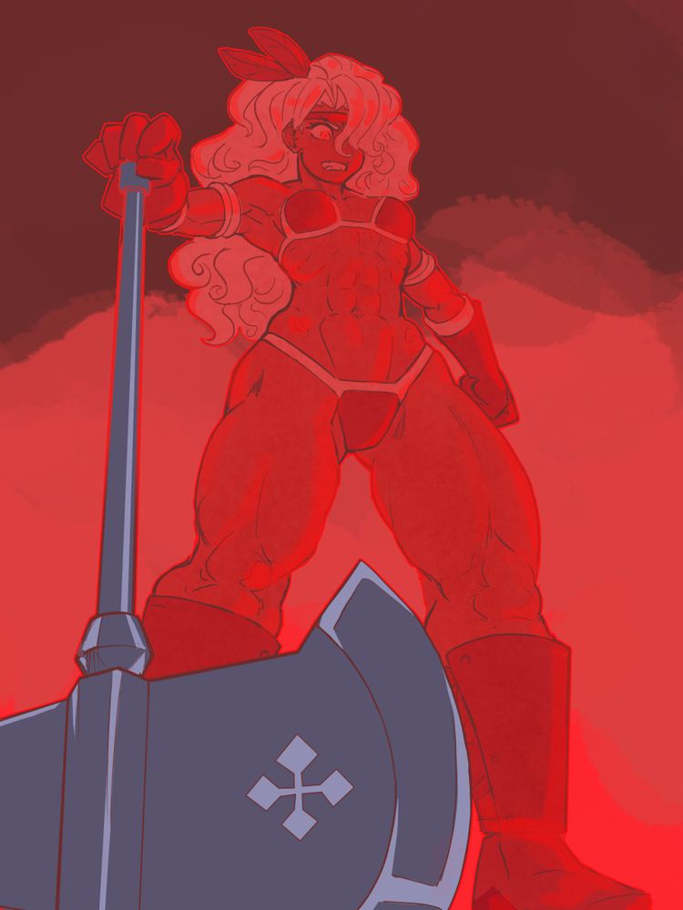 Red amazon looking down, leaning on her axe.