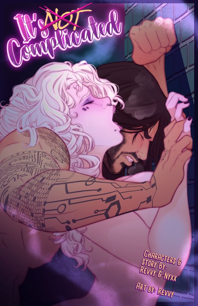 Cover art for my comic It's NOT Complicated. Reyes stands behind Rune, pressing her front against a brick wall. Her head rests on his shoulder with her mouth open in a moan - he has his teeth grit in effort, one of his arms braced against the wall in front of them. His other hand is over hers against the wall - it's unclear if they are holding hands or if he is just pinning her down.
