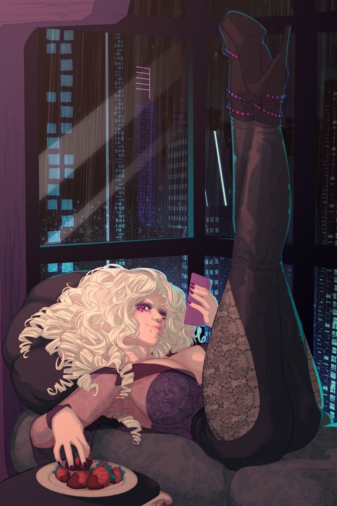 Rune, a short, curvy woman with curly white hair, lounging on a day-bed in front of a bay window with her legs straight up in the air. She is holding her phone in one hand and reaching for a chocolate-covered strawberry from a plate next to her with the other. Behind her a rainy, neon sci-fi city is seen out the window.