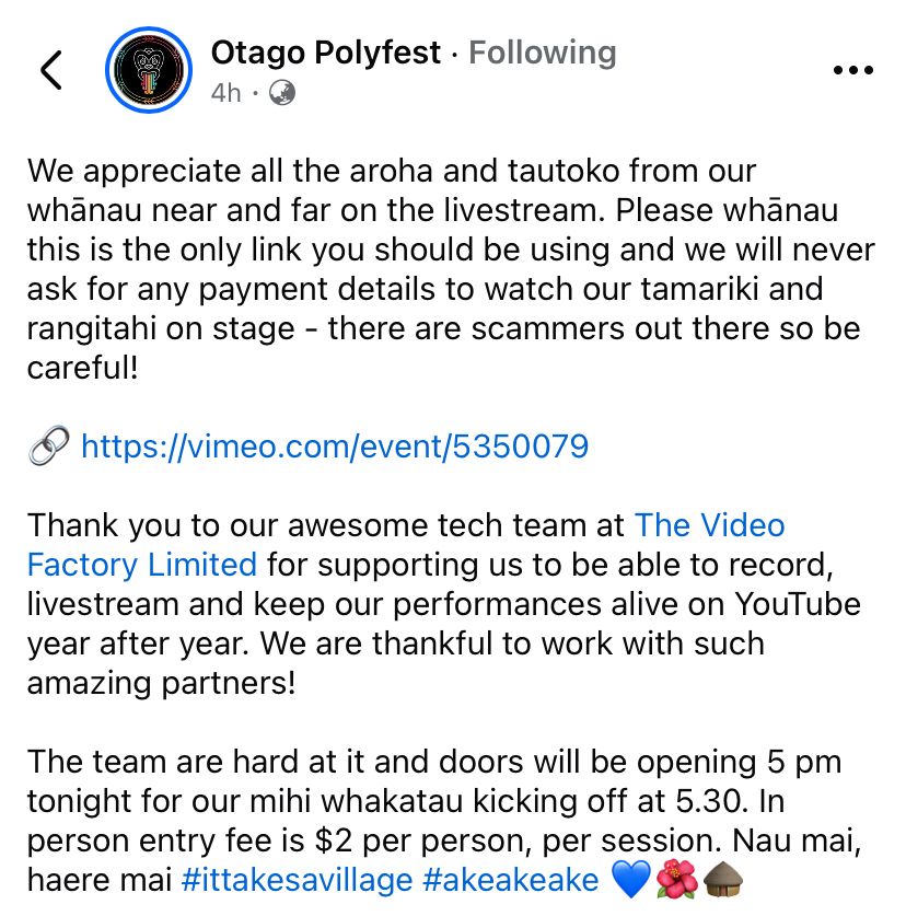 screengrab of post on Otago Polyfest facebook: 