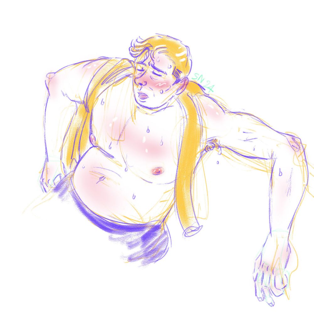 Digital sketch in yellow and purple lines on a white background of James T. Kirk from Star trek TOS, his shirt around his neck, torso naked and sweating heavily, skin reddish.