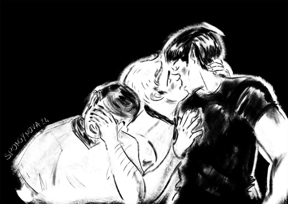 Meme redraw in black and white of bones facepalming while jim and Spock kiss tenderly