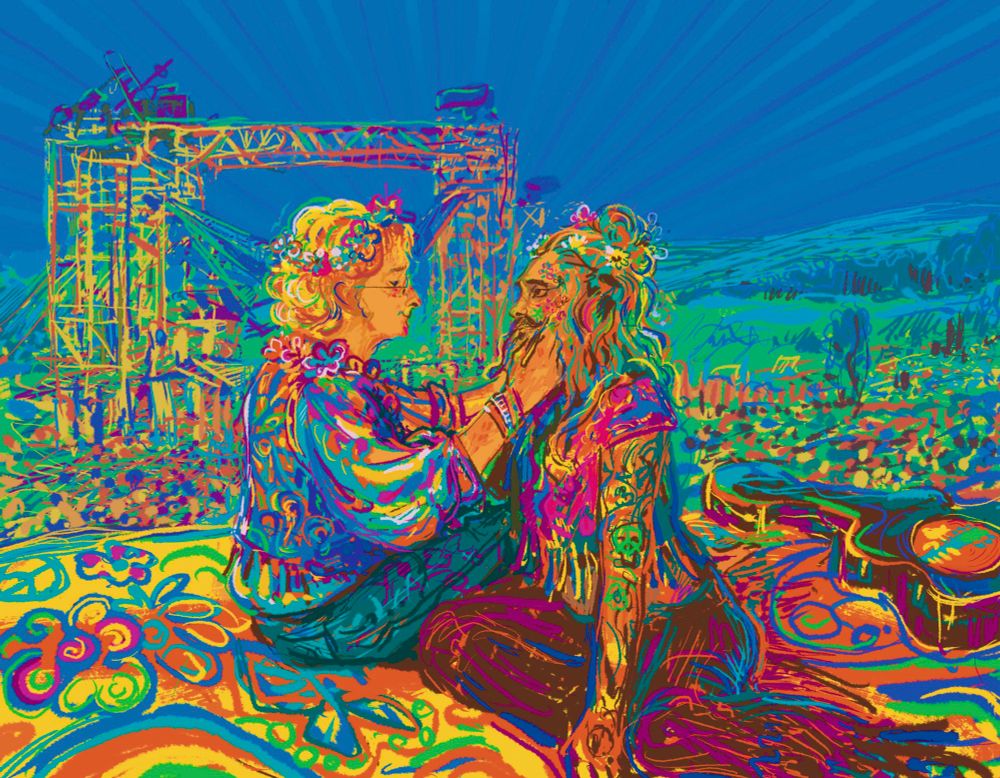 Messy spots of psychedelic color. It supposed to picture hippie Edward Teach and Stede Bonnet drawing flowers on each other's faces sitting on the roof of a bus in the middle of the Woodstock music festival. An August for gentlebeard calendar 2025. It's my balloon day so i decided to to share it.
