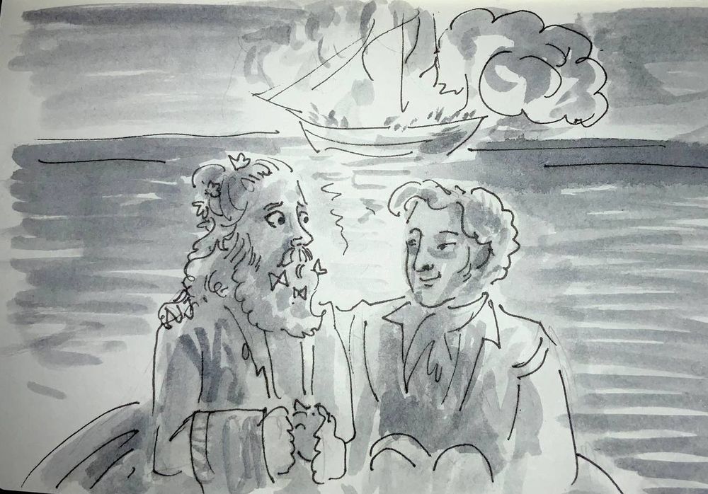 a silly redraw of the canon scene "when u cut loose u really cut loose" with the burning ship on the background and gentlebeard on the front