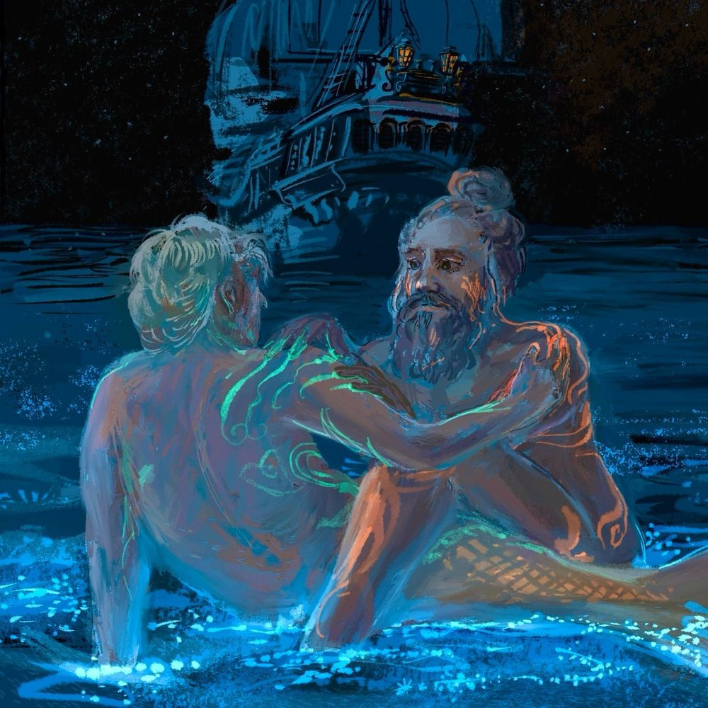 Night, bioluminescent sea, some weird blobs in the water symbolizing probably Merstede and Edward Teach painting each other's bodies with fluorescent colors. A stern of the Revenge on the background..