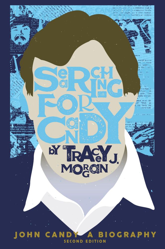 The front cover of Searching for Candy,  a biography about John Candy.  An outline of John as Uncle Buck with the book's title in the middle of his face,  behind that image is paper cuttings about John.  Colours used are dark navy blue,  a sky blue and a mustard.